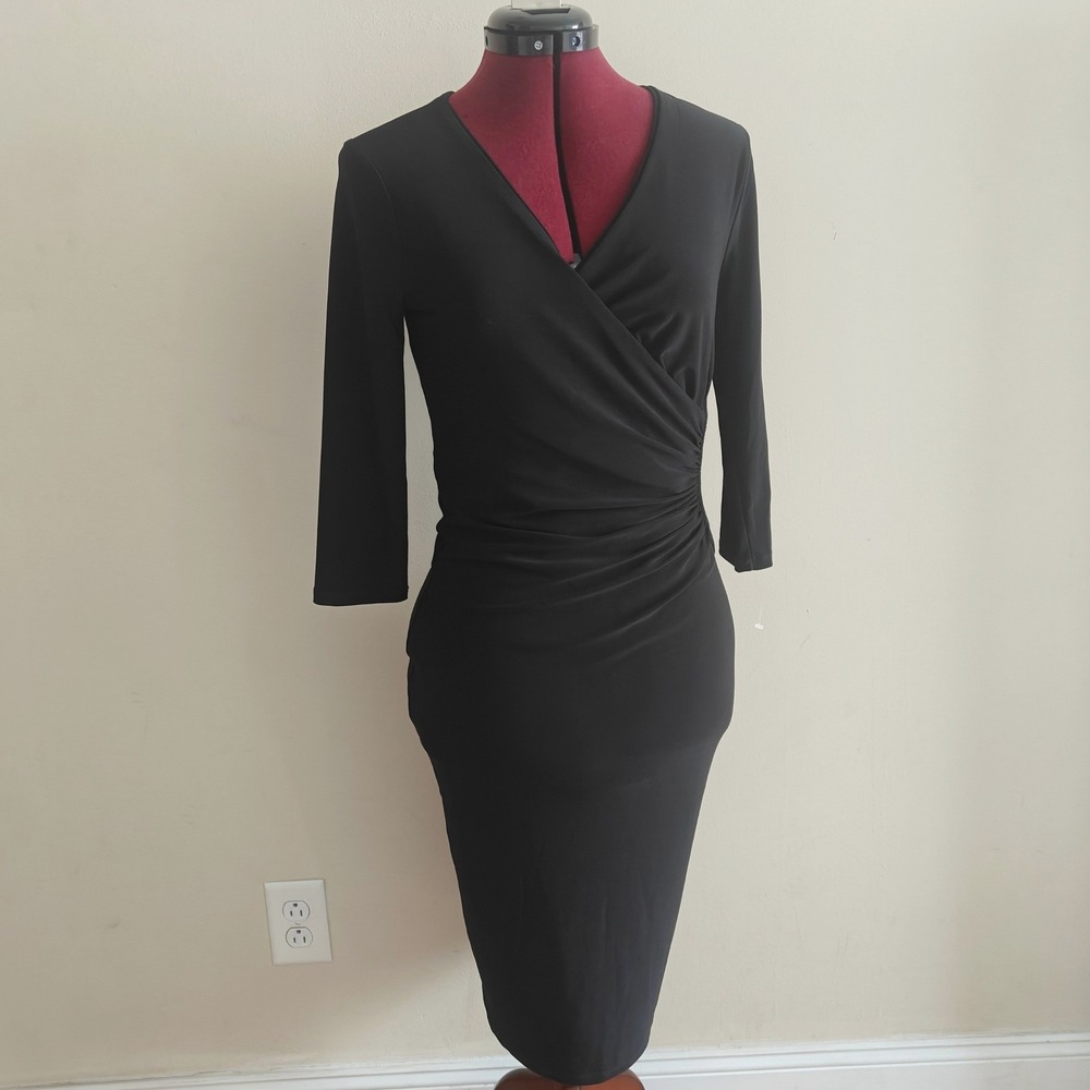 White House Black Market Black Ruched 3/4 Sleeve Faux Wrap Sheath Dress XS NEW